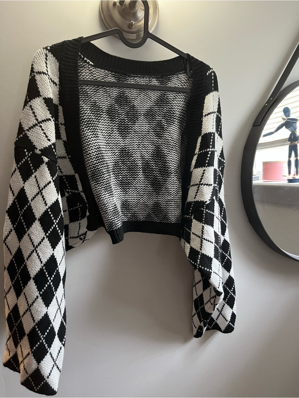 Black and White Argyle Cropped Women's Sweater Cardigan